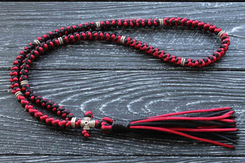 33 Knots Prayer Rope Komboskini - Black Silk Thin Rope with Red