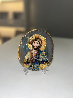 Jesus Icon blue Agate stone - ready to ship