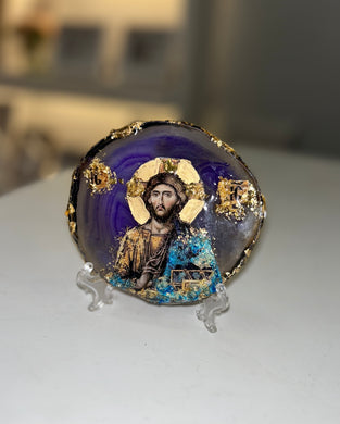 Jesus Icon Purple Agate stone - Ready to ship