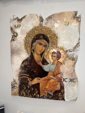 Large Mother Mary Icon w/ Gemstones (wall hanging) - Ready to Ship ONE OFF PIECE