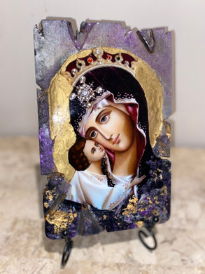 Mary with baby Jesus - Panagia- religious wood epoxy resin handmade icon art - Only 1 off - Original