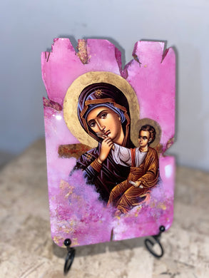 Mary with baby Jesus - Panagia- religious wood epoxy resin handmade icon art - Only 1 off - Original