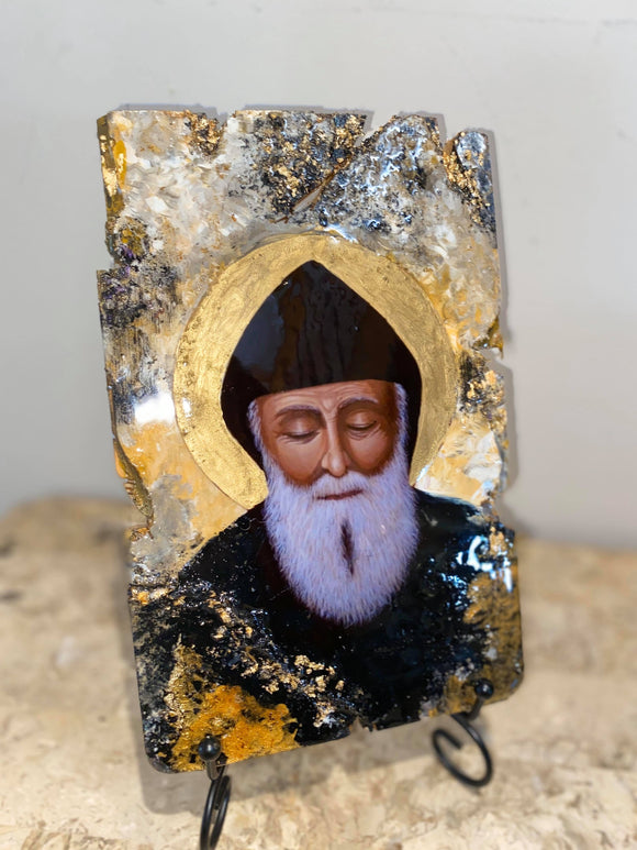 Saint Charbel religious icon - 1 off piece - wooden