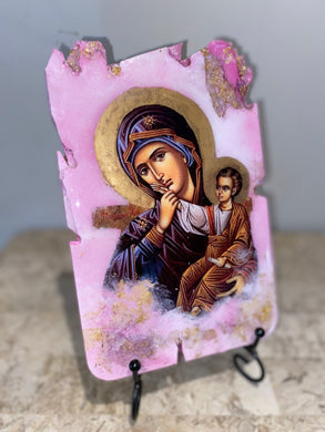 Mary with baby Jesus - Panagia- religious wood epoxy resin handmade icon art - Only 1 off - Original