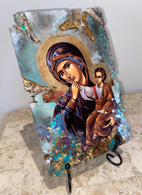 Mary with baby Jesus - Panagia- religious wood epoxy resin handmade icon art - Only 1 off - Original