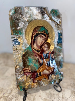 Mary with baby Jesus - Panagia- religious wood epoxy resin handmade icon art - Only 1 off - Original