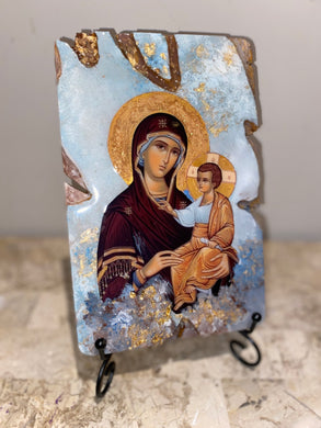 Mary with baby Jesus - Panagia- religious wood epoxy resin handmade icon art - Only 1 off - Original