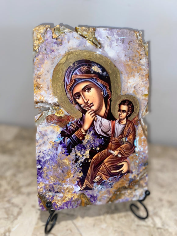 Mary with baby Jesus - Panagia- religious wood epoxy resin handmade icon art - Only 1 off - Original